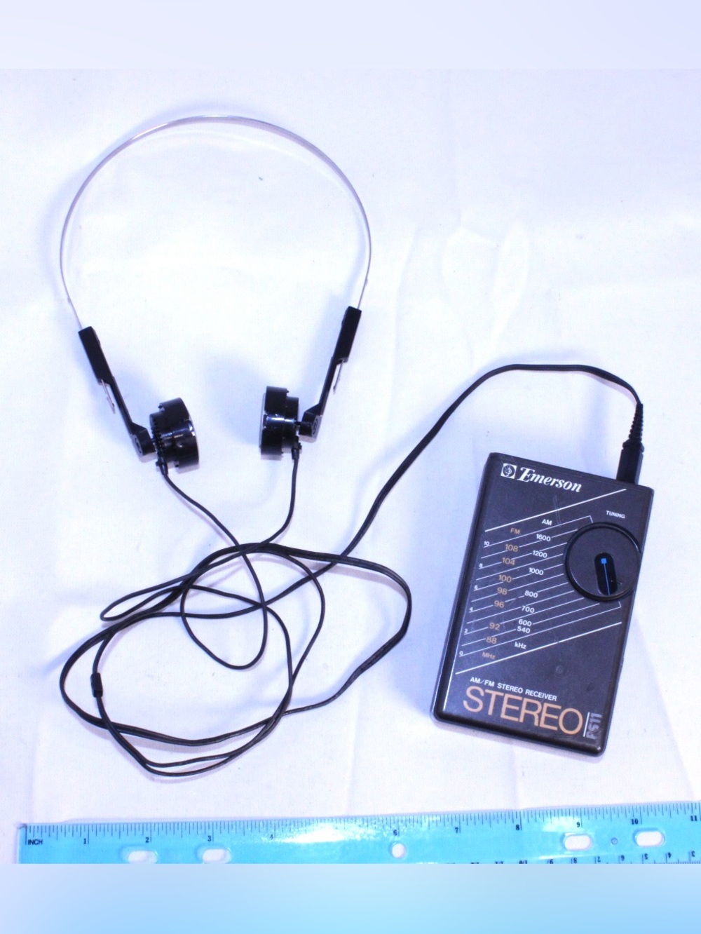 1980s Emerson Black Portable AM/FM Stereo Radio Receiver with Headphones